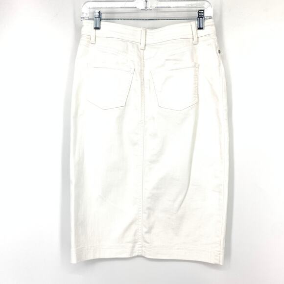 SOLD Talbots Midi Length Denim Skirt Womens Size 2P White Front Slit Stretch - Picture 3 of 7